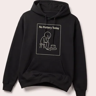 Line-art illustration of a sad potter with the phrase No Pottery Today — printed on a unisex hoodie