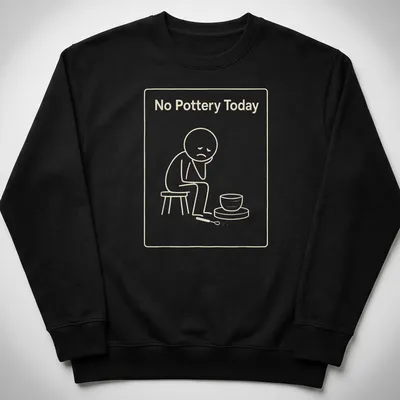 Line-art illustration of a sad potter with the phrase No Pottery Today — printed on a unisex sweatshirt