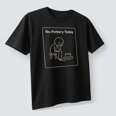 Line-art illustration of a sad potter with the phrase No Pottery Today — printed on a unisex t-shirt (angled view)