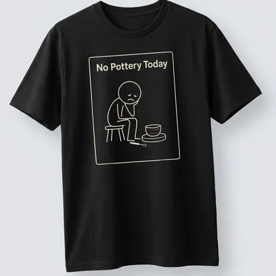 Line-art illustration of a sad potter with the phrase No Pottery Today