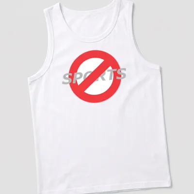 Bold graphic t-shirt featuring a prohibition symbol with 'No Sports' text — printed on a tank top