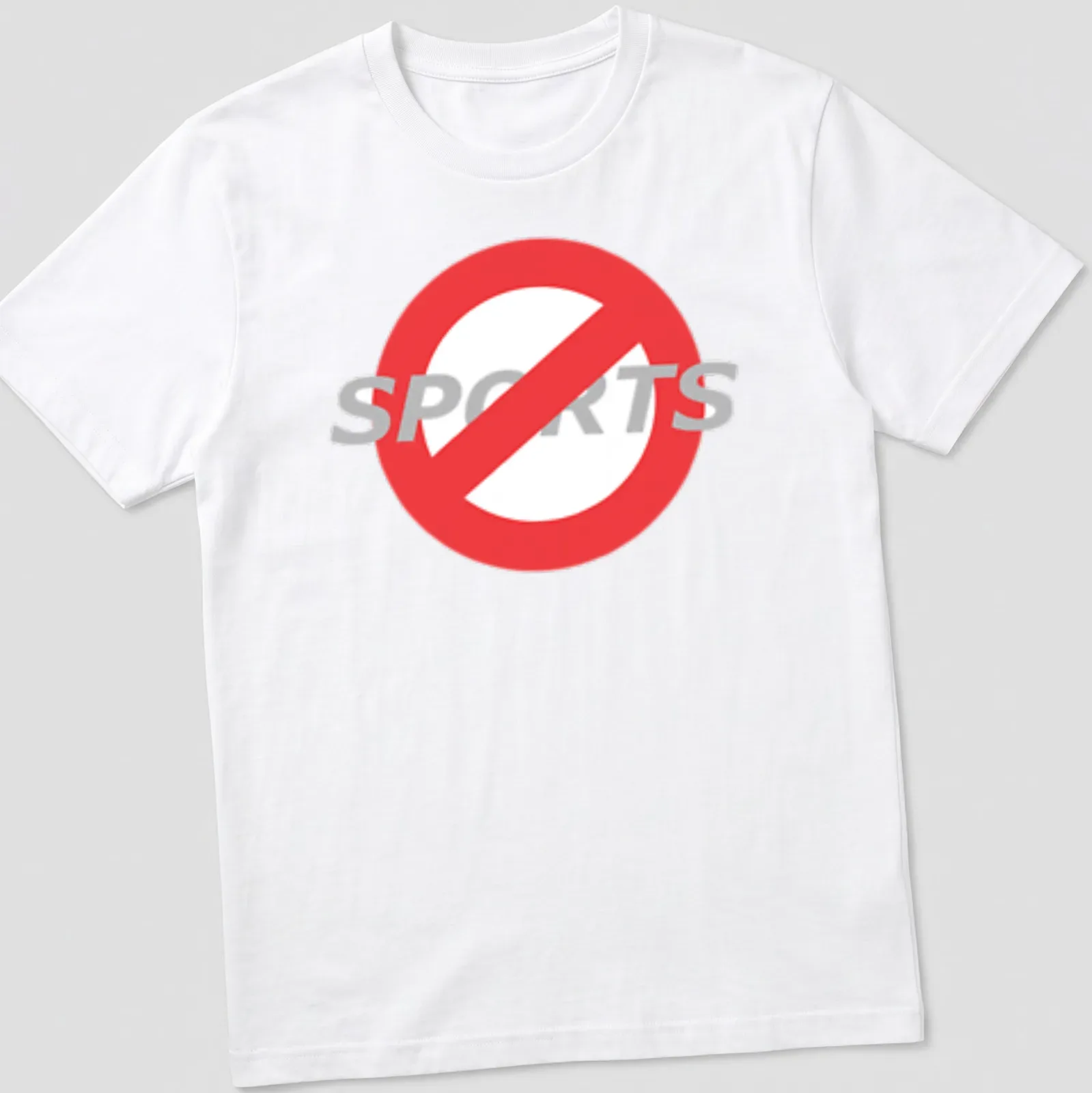Bold graphic t-shirt featuring a prohibition symbol with 'No Sports' text — printed on a unisex t-shirt