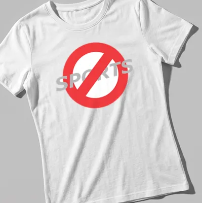 Bold graphic t-shirt featuring a prohibition symbol with 'No Sports' text — printed on a women's shirt