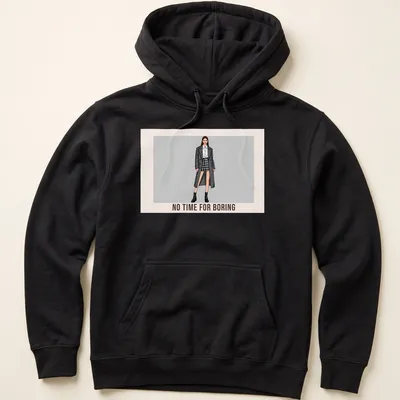 A fashionable t-shirt featuring a model in plaid with text saying 'No Time For Boring.' — printed on a unisex hoodie