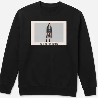 A fashionable t-shirt featuring a model in plaid with text saying 'No Time For Boring.' — printed on a unisex sweatshirt