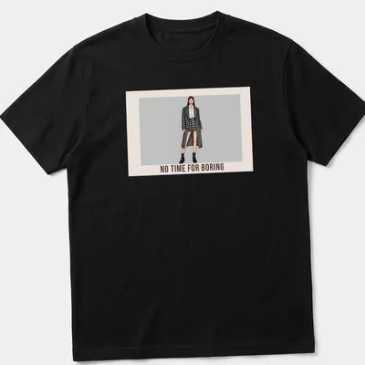 A fashionable t-shirt featuring a model in plaid with text saying 'No Time For Boring.'