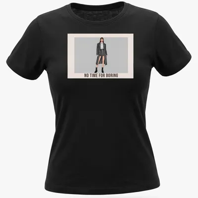 A fashionable t-shirt featuring a model in plaid with text saying 'No Time For Boring.' — printed on a women's shirt