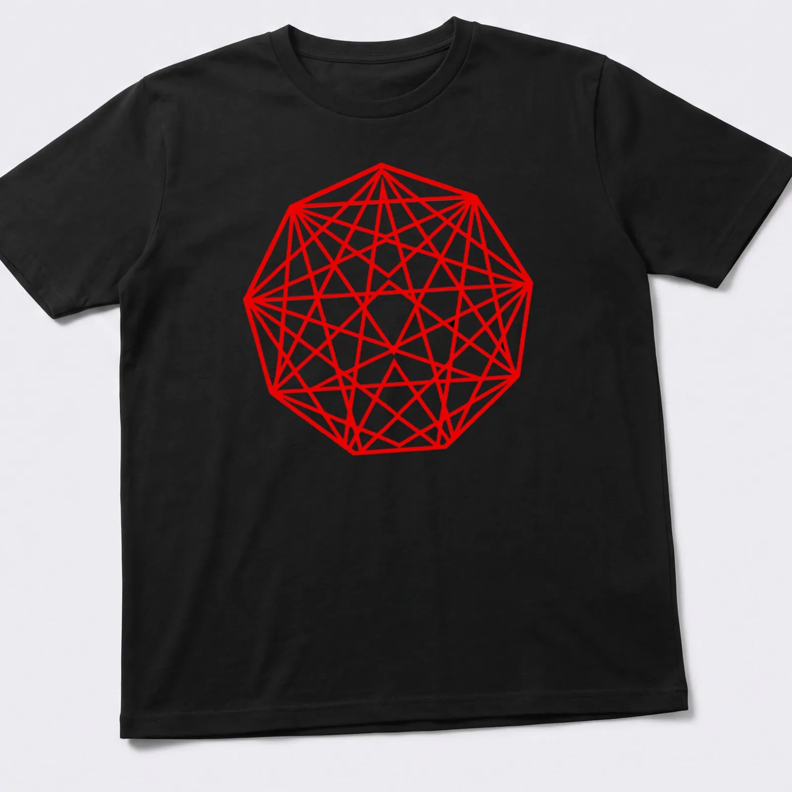 Abstract geometric nonagon pattern in red for King Gizzard fans — printed on a unisex t-shirt