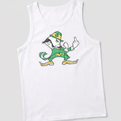 Vintage distressed design of a Notre Dame leprechaun in green and yellow — printed on a tank top