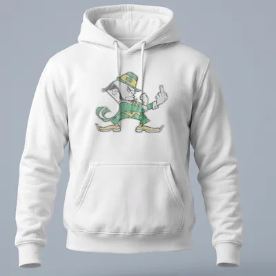 Vintage distressed design of a Notre Dame leprechaun in green and yellow — printed on a unisex hoodie