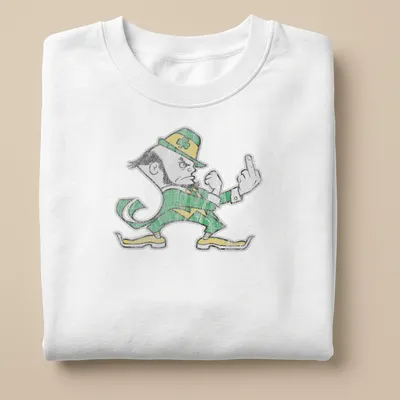 Vintage distressed design of a Notre Dame leprechaun in green and yellow — printed on a unisex sweatshirt