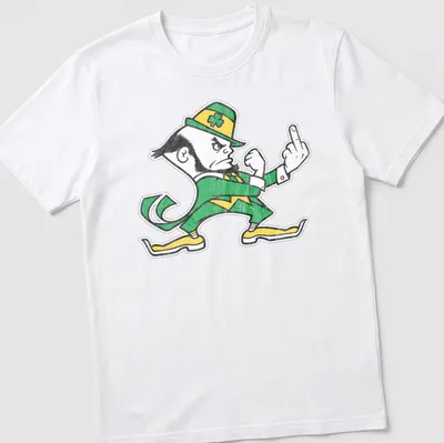 Vintage distressed design of a Notre Dame leprechaun in green and yellow — printed on a unisex t-shirt