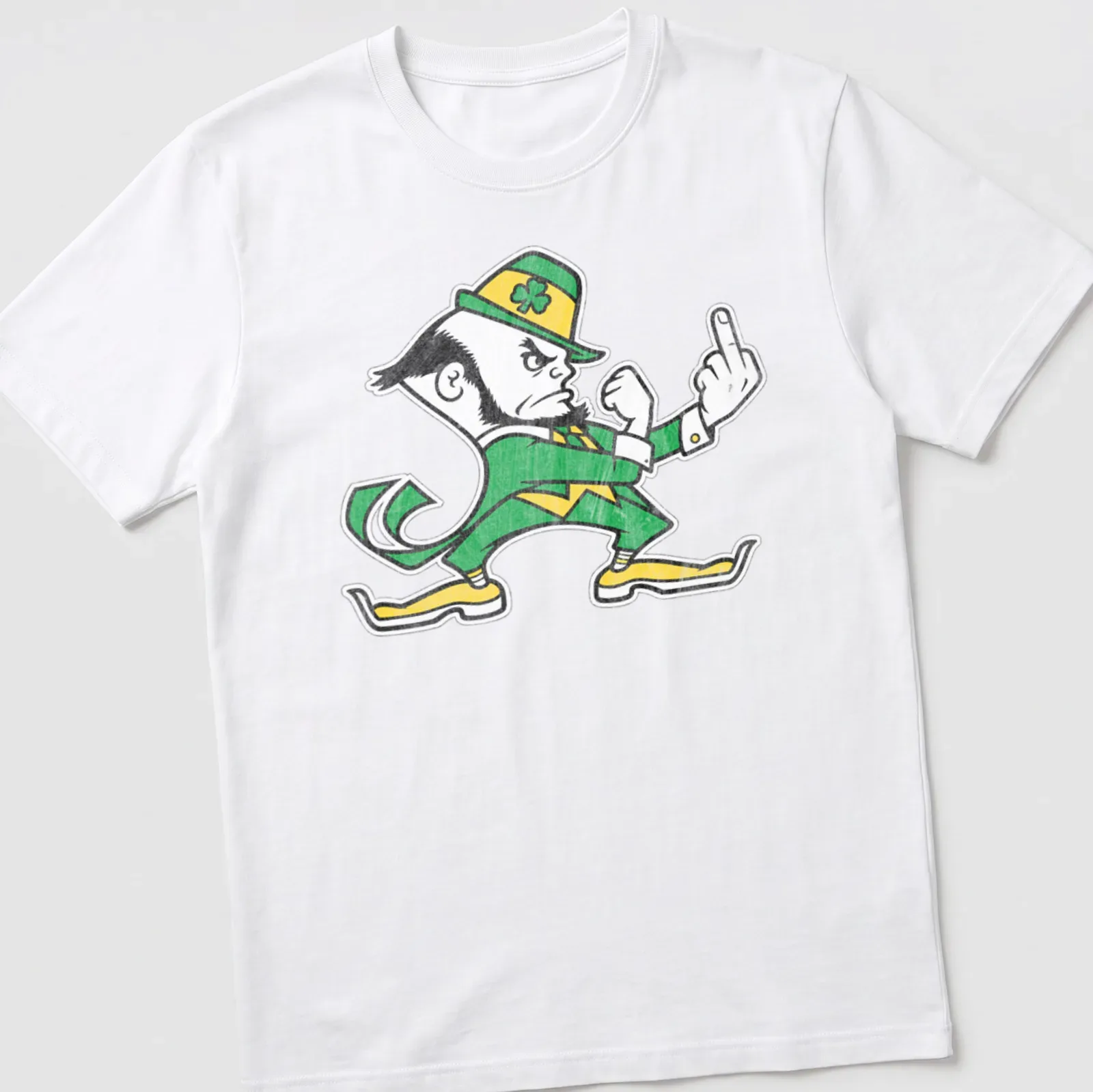 Vintage distressed design of a Notre Dame leprechaun in green and yellow — printed on a unisex t-shirt