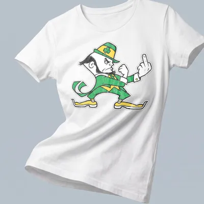 Vintage distressed design of a Notre Dame leprechaun in green and yellow — printed on a women's shirt