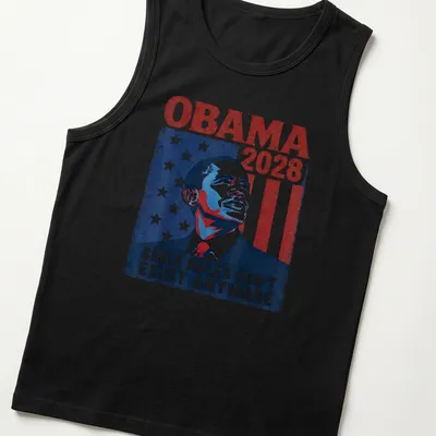 Vintage distressed Obama 2028 shirt with American flag design and bold text — printed on a tank top
