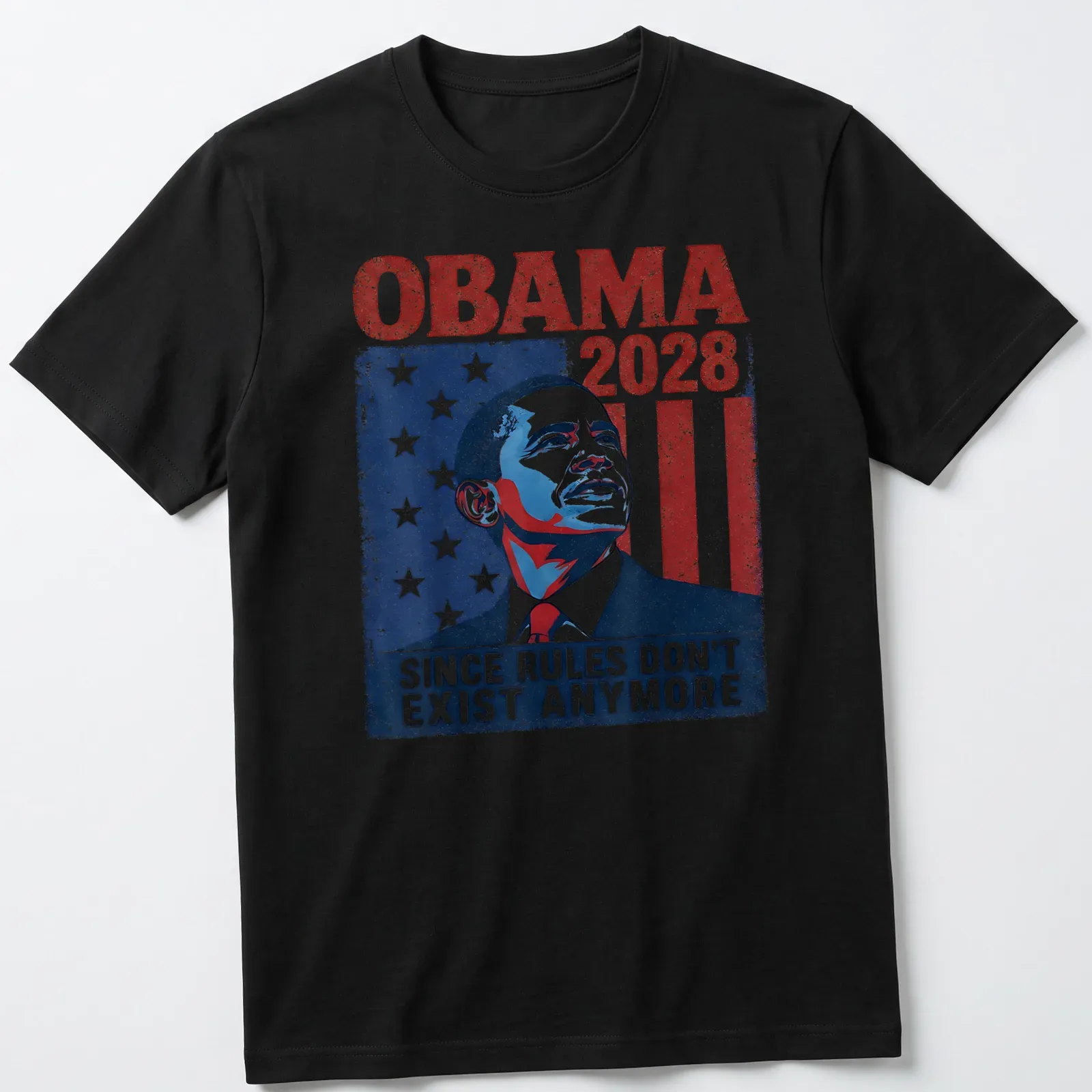 Vintage distressed Obama 2028 shirt with American flag design and bold text — printed on a unisex t-shirt