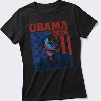 Vintage distressed Obama 2028 shirt with American flag design and bold text — printed on a women's shirt
