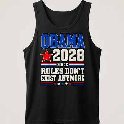 Bold retro political humor t-shirt with Obama 2028 slogan — printed on a tank top