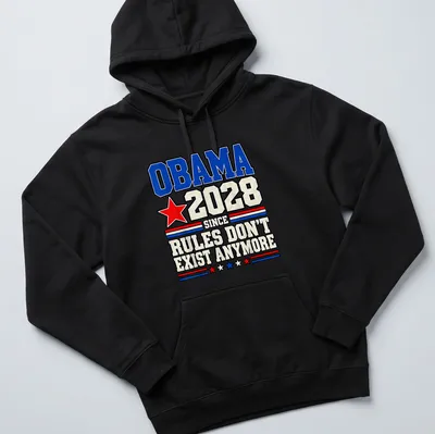 Bold retro political humor t-shirt with Obama 2028 slogan — printed on a unisex hoodie