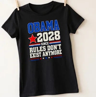 Bold retro political humor t-shirt with Obama 2028 slogan — printed on a women's shirt