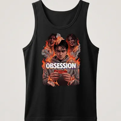 Graphic novel style shirt featuring a distressed young man and the phrase 'Obsession One Wish' — printed on a tank top