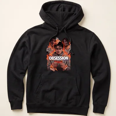Graphic novel style shirt featuring a distressed young man and the phrase 'Obsession One Wish' — printed on a unisex hoodie