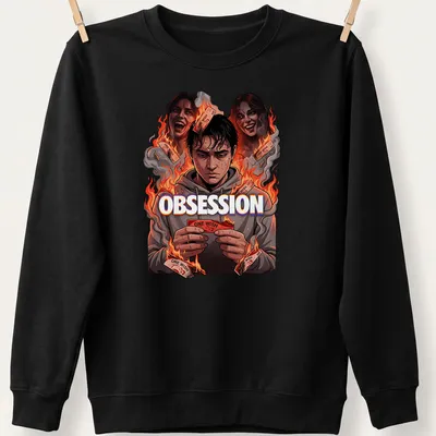Graphic novel style shirt featuring a distressed young man and the phrase 'Obsession One Wish' — printed on a unisex sweatshirt