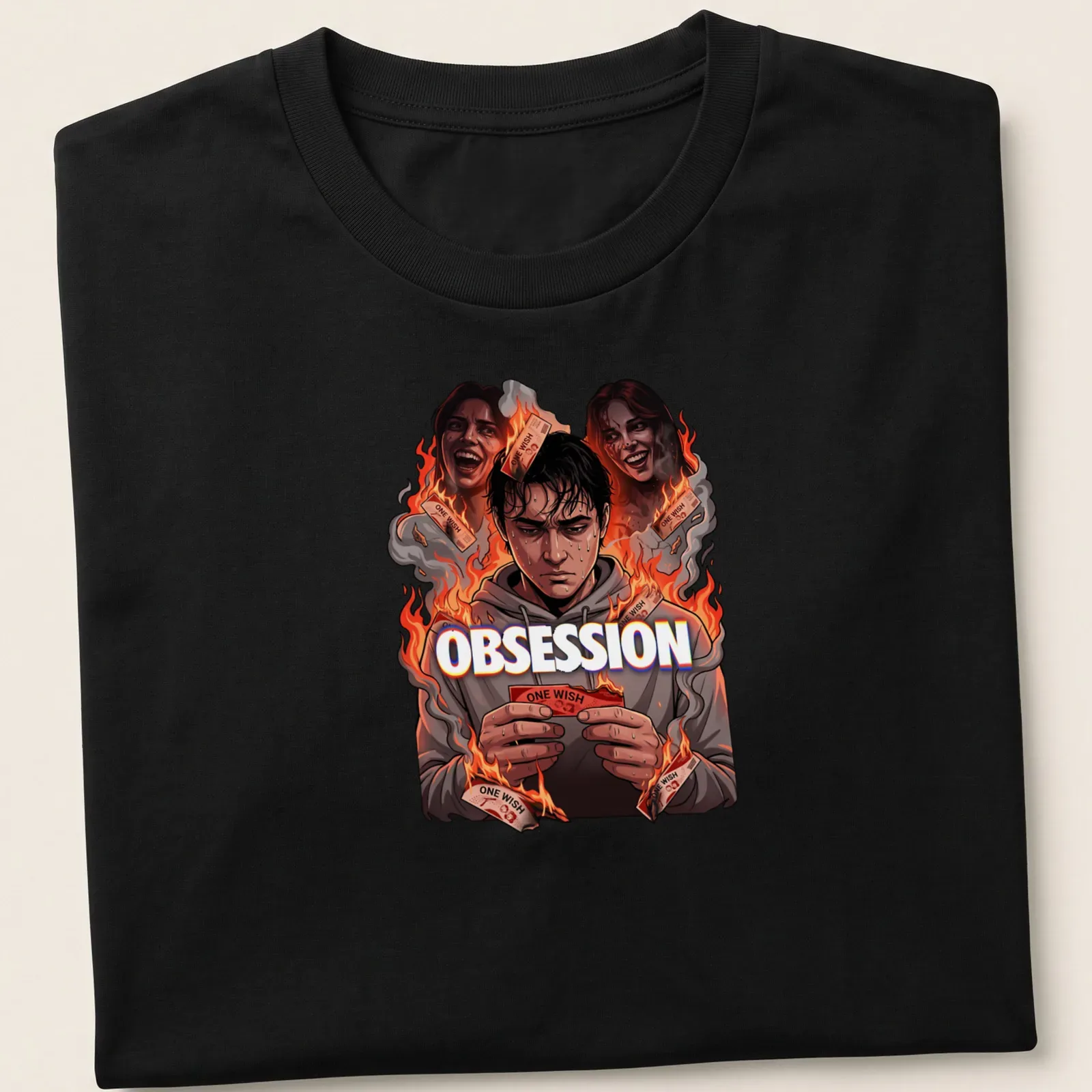 Graphic novel style shirt featuring a distressed young man and the phrase 'Obsession One Wish' — printed on a unisex t-shirt