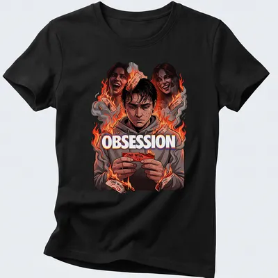 Graphic novel style shirt featuring a distressed young man and the phrase 'Obsession One Wish' — printed on a women's shirt