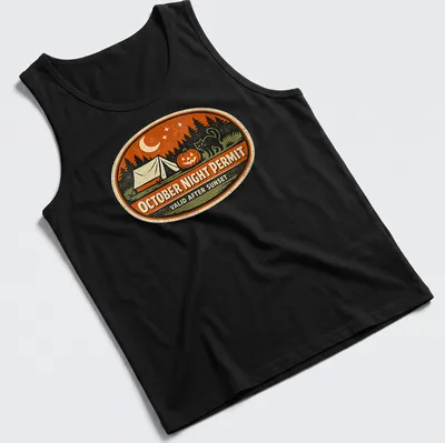 Vintage design featuring a tent, pumpkin, and black cat with text about October nights. — printed on a tank top