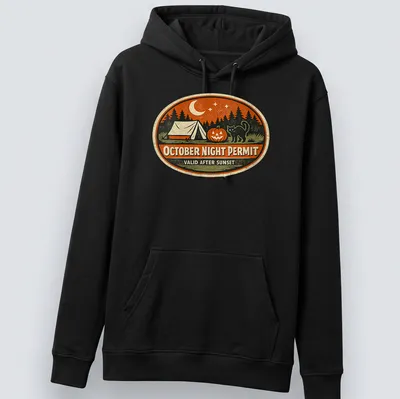Vintage design featuring a tent, pumpkin, and black cat with text about October nights. — printed on a unisex hoodie