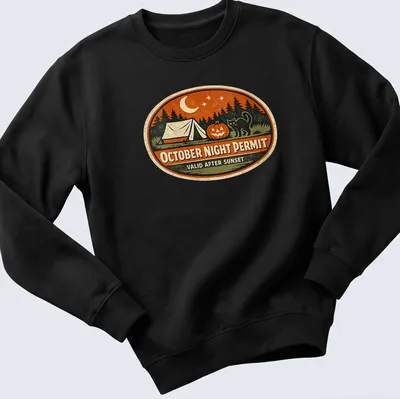 Vintage design featuring a tent, pumpkin, and black cat with text about October nights. — printed on a unisex sweatshirt