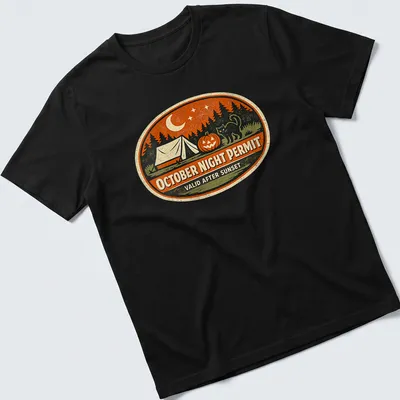 Vintage design featuring a tent, pumpkin, and black cat with text about October nights. — printed on a unisex t-shirt