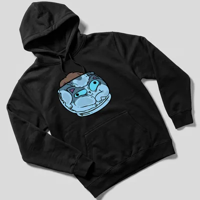 Kawaii design of a cat curled up in a tiny bed with soft colors — printed on a unisex hoodie
