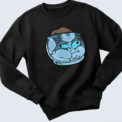 Kawaii design of a cat curled up in a tiny bed with soft colors — printed on a unisex sweatshirt