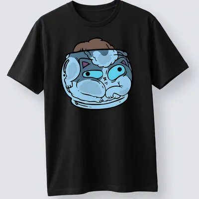 Kawaii design of a cat curled up in a tiny bed with soft colors — printed on a unisex t-shirt