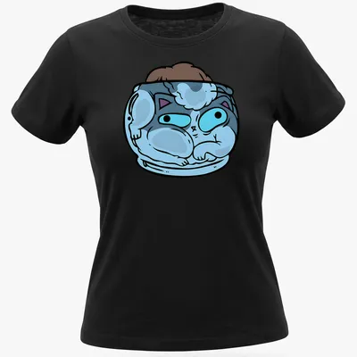 Kawaii design of a cat curled up in a tiny bed with soft colors — printed on a women's shirt