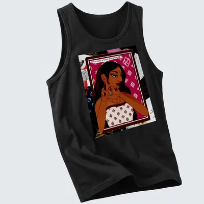 Illustrative design featuring a beautiful woman with fairy tale elements in burgundy, cream, brown, and gold. — printed on a tank top