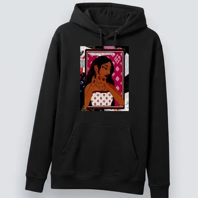 Illustrative design featuring a beautiful woman with fairy tale elements in burgundy, cream, brown, and gold. — printed on a unisex hoodie
