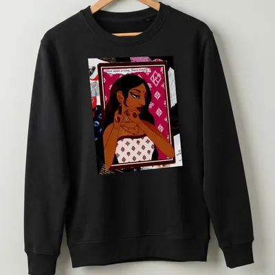 Illustrative design featuring a beautiful woman with fairy tale elements in burgundy, cream, brown, and gold. — printed on a unisex sweatshirt