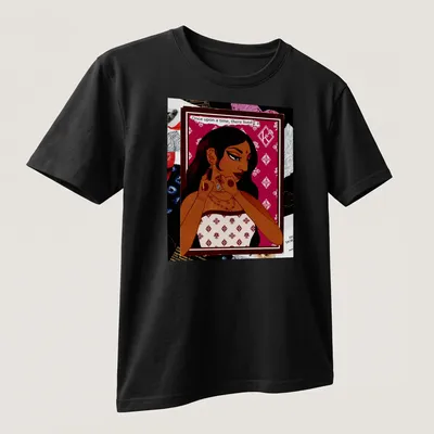 Illustrative design featuring a beautiful woman with fairy tale elements in burgundy, cream, brown, and gold. — printed on a unisex t-shirt (angled view)