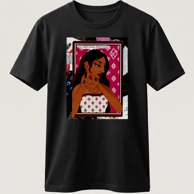 Illustrative design featuring a beautiful woman with fairy tale elements in burgundy, cream, brown, and gold. — printed on a unisex t-shirt