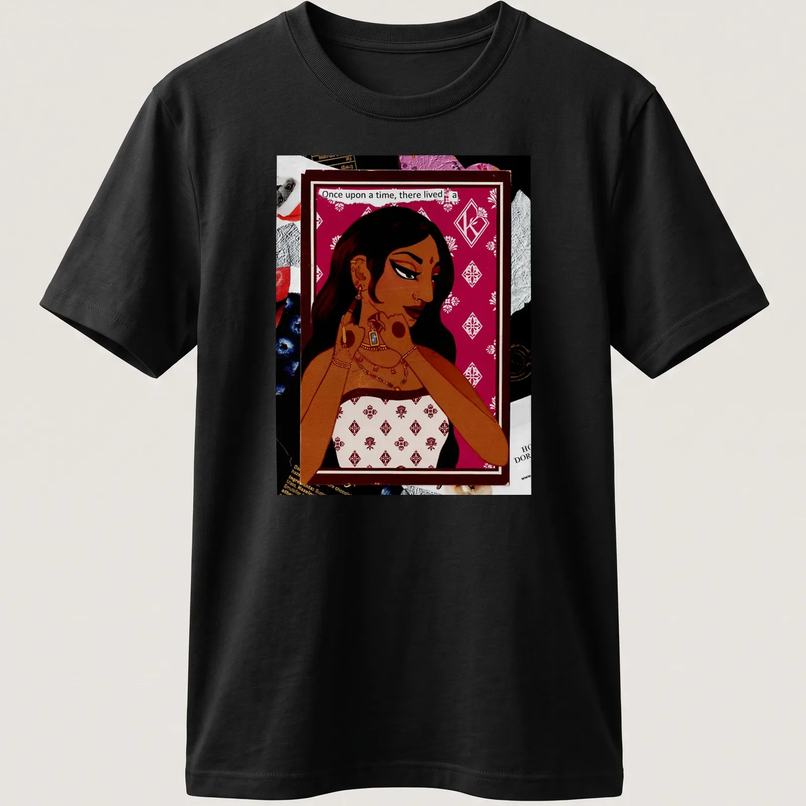 Illustrative design featuring a beautiful woman with fairy tale elements in burgundy, cream, brown, and gold. — printed on a unisex t-shirt