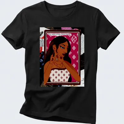 Illustrative design featuring a beautiful woman with fairy tale elements in burgundy, cream, brown, and gold. — printed on a women's shirt