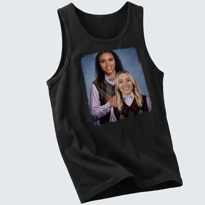 Photographic print of two women in basketball sweaters, featuring vibrant colors. — printed on a tank top