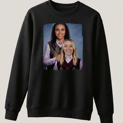 Photographic print of two women in basketball sweaters, featuring vibrant colors. — printed on a unisex sweatshirt