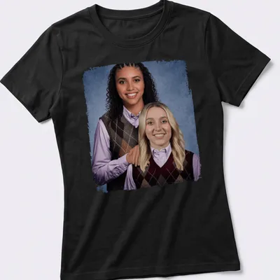 Photographic print of two women in basketball sweaters, featuring vibrant colors. — printed on a women's shirt