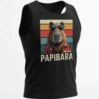 Retro t-shirt featuring a capybara in sunglasses with the word Papibara above — printed on a tank top