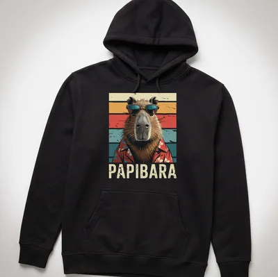 Retro t-shirt featuring a capybara in sunglasses with the word Papibara above — printed on a unisex hoodie