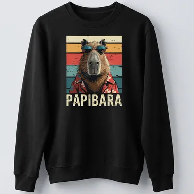 Retro t-shirt featuring a capybara in sunglasses with the word Papibara above — printed on a unisex sweatshirt
